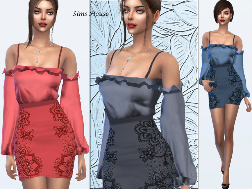La misma sim tres veces usando el mismo vestido. Este vestido de manga larga tiene mangas sueltas y tirantes finos y un divertido patrón de mandala en la falda.
