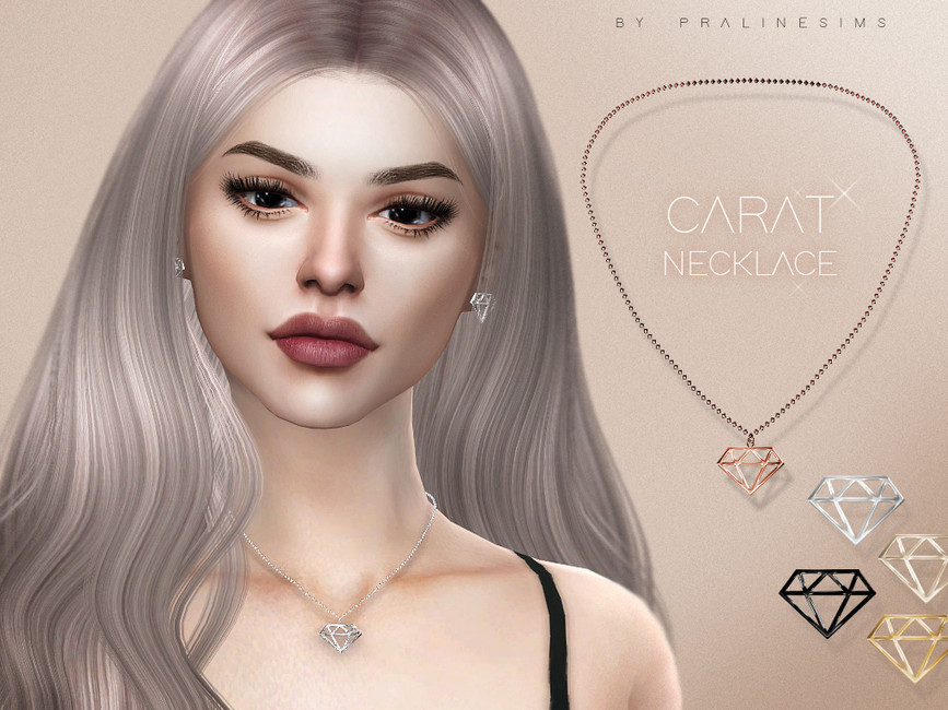 Una sim con cabello gris rosado que lleva puesto un top negro. Lleva un collar con una pieza de metal en forma de diamante en la parte inferior.