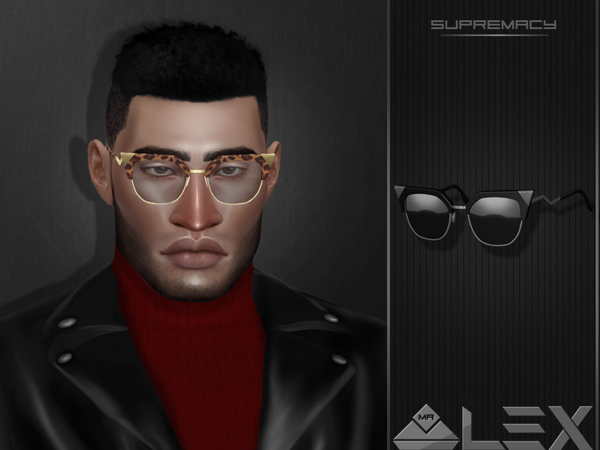 Un Sim que lleva un jersey de cuello alto rojo bajo una chaqueta de cuero. Lleva puestas unas gafas de sol de Los Sims 4 CC.