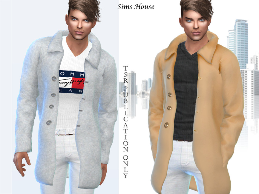 Un Sim que lleva una camiseta de cuello en V debajo de una chaqueta esponjosa que llega hasta la mitad del muslo