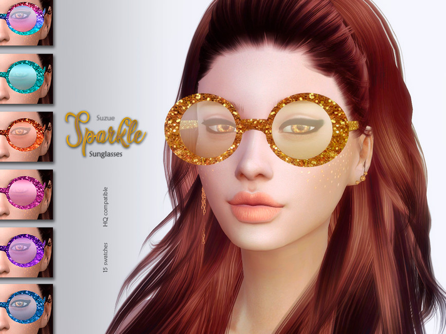 Un Sim con cabello rojizo que lleva puestas unas gafas de sol redondas y grandes. Las gafas de este personaje de Los Sims 4 son de color dorado con destellos.