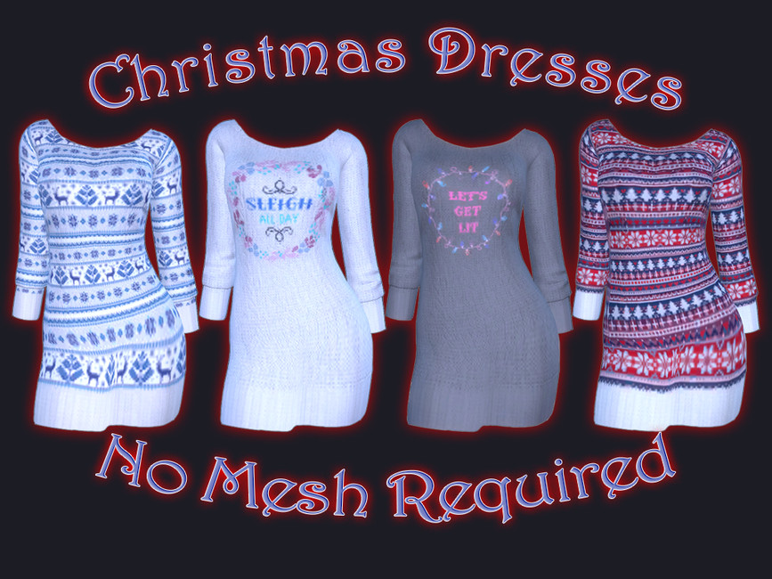 Un fondo negro con cuatro vestidos de Navidad, los vestidos están sombreados para parecer iluminados por un letrero de neón