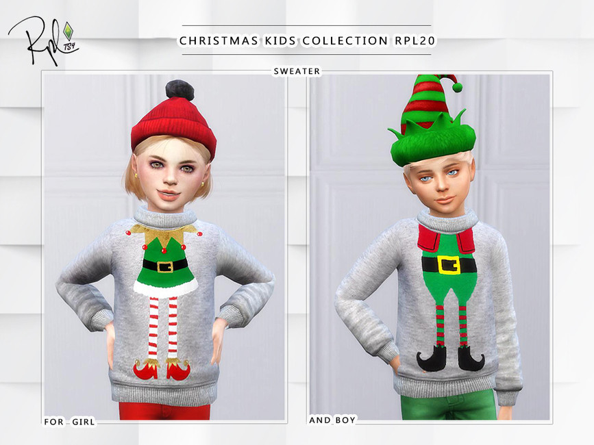Dos niños rubios de Los Sims 4. Ambos sims llevan suéteres grises de cuello alto con un diseño de elfo que hace que parezcan elfos.