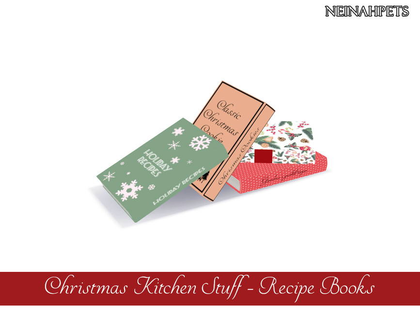 Un conjunto de cuatro libros de recetas de Navidad para sims 4 cc. Dos están apilados uno encima del otro y los otros dos están apoyados en ellos.