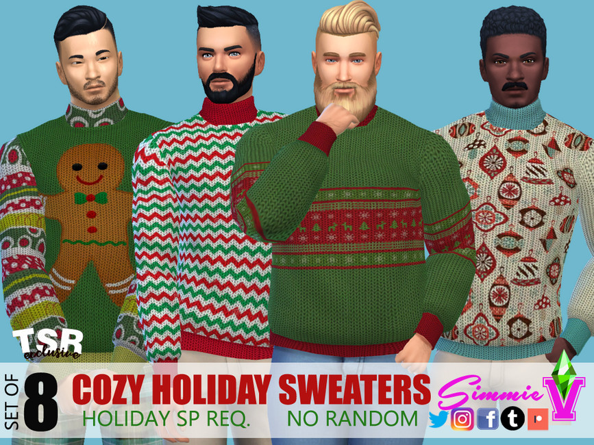 Cuatro personajes masculinos de Los Sims 4 parados uno al lado del otro con suéteres navideños verdes, grises y rojos