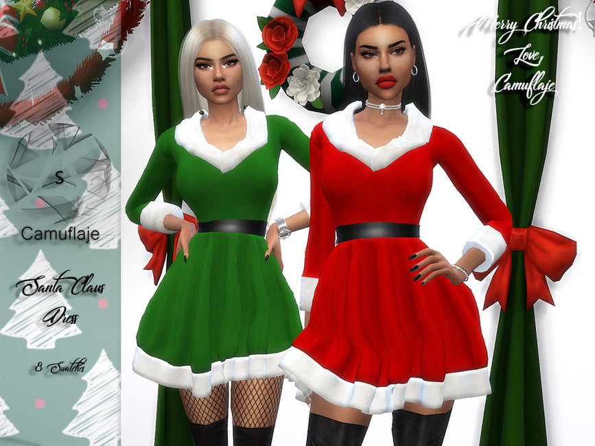 Dos sims vistiendo un vestido rojo o verde. Este vestido parece algo que la señora Claus usaría con el pelaje blanco alrededor de los bordes.