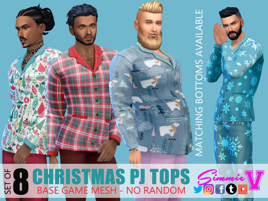 Cuatro sims con diferentes peinados que llevan puestas camisetas de pijama navideñas abotonadas. 