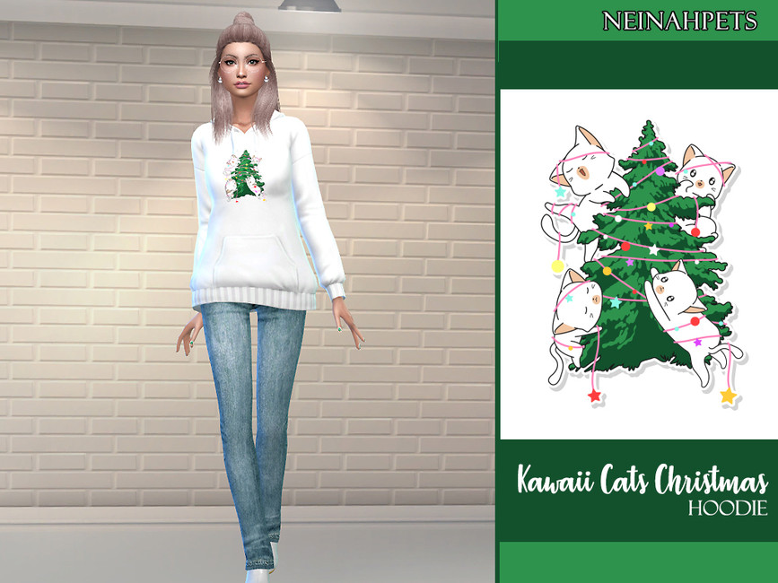 Un sim caminando hacia ti llevando una sudadera de gatos kawaii de Navidad para los sims 4