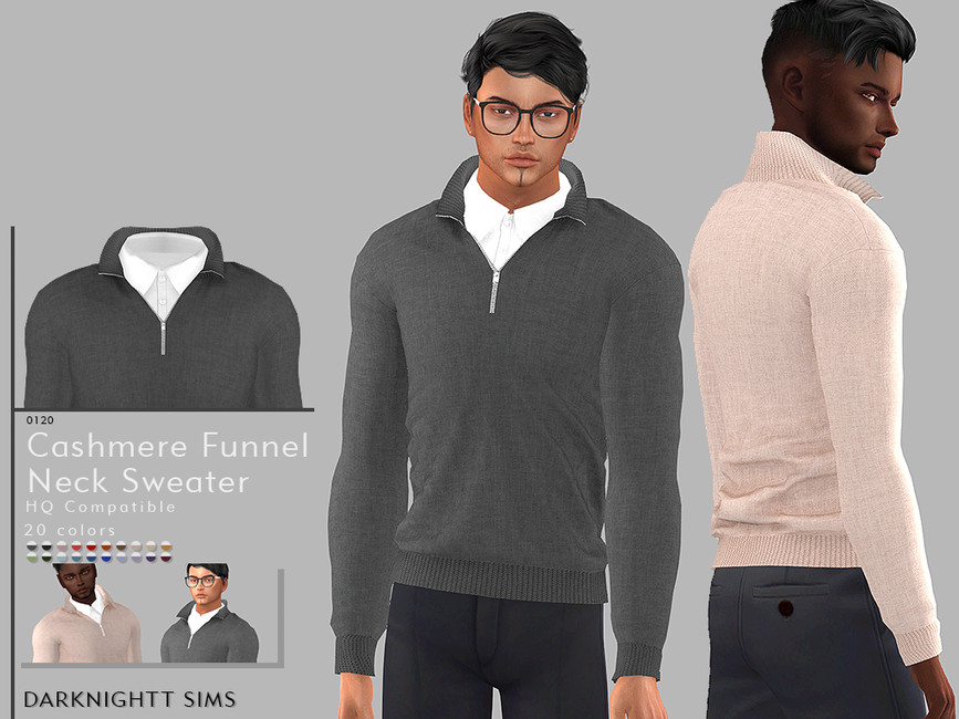 Dos Sims llevando un suéter de cuello alto de cachemira con una camisa polo debajo