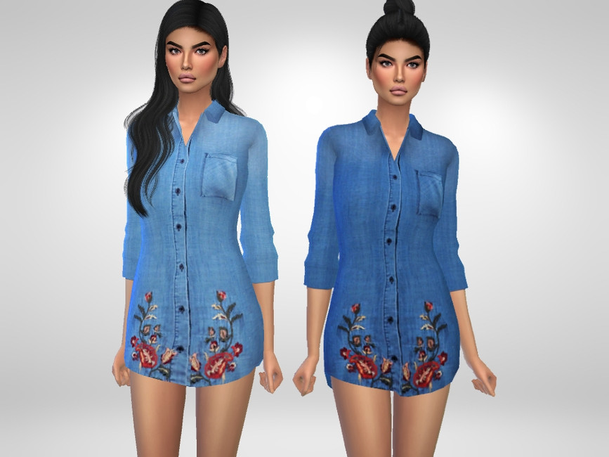 dos sims con cabello negro usando camisas de denim abotonadas con flores bordadas.