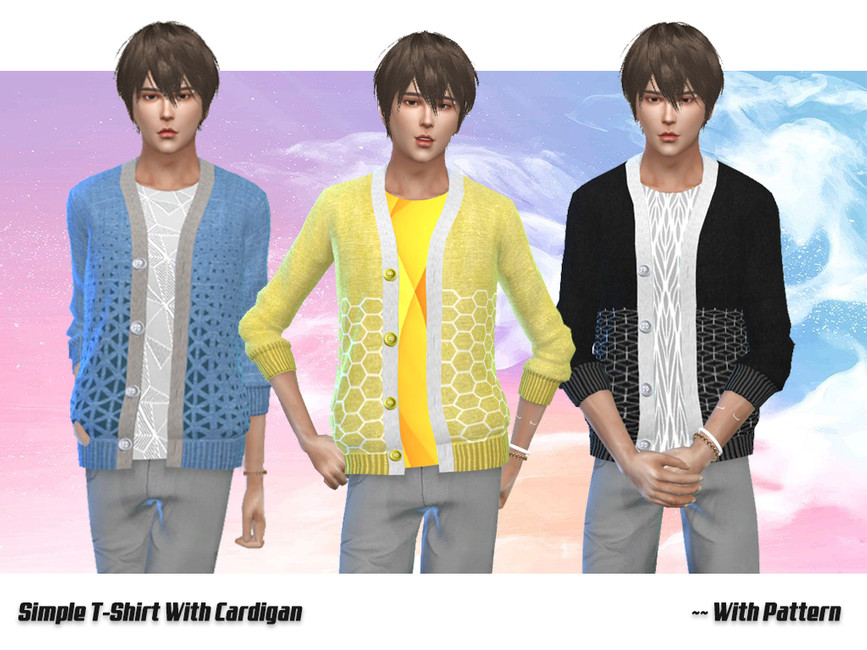 Tres Sims usando el mismo cardigan estampado sobre una camiseta en Los Sims 4