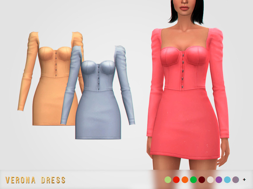 Un personaje femenino de Los Sims 4 con la cabeza cortada de la imagen. Lleva puesto un vestido mini de manga larga estilo corsé en color rosa fucsia.
