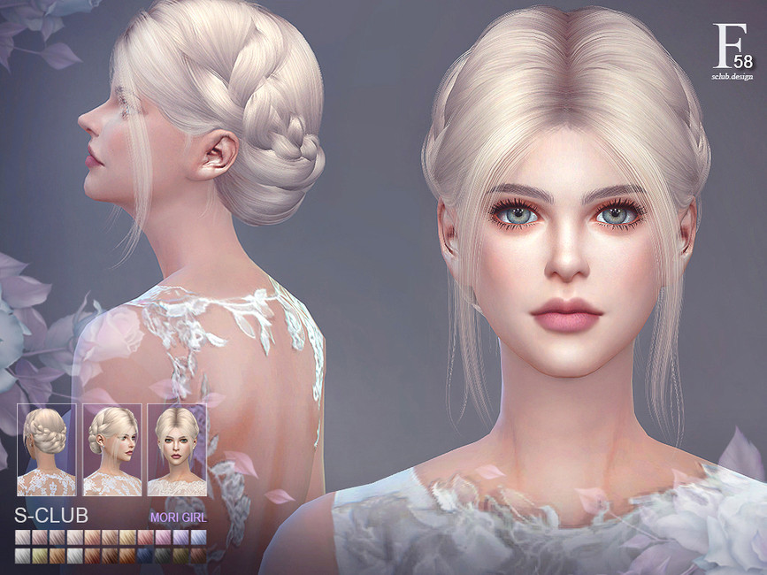 Una sim con cabello rubio claro y ojos verdes. Lleva puesto un vestido de novia y tiene el cabello recogido en un moño bajo con trenzas.