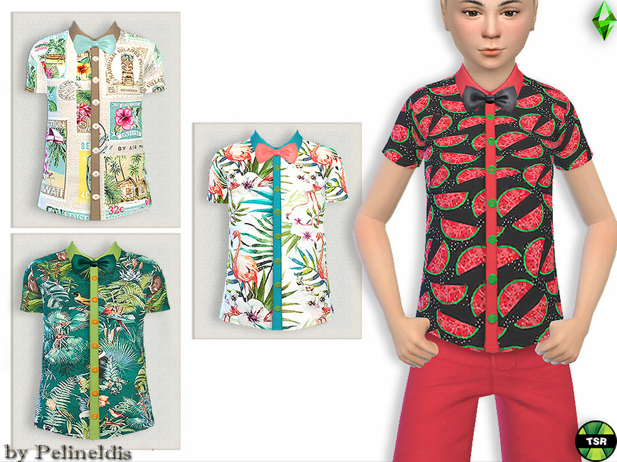 camisas cc de niños de los sims 4 con patrones divertidos y una corbata de moño