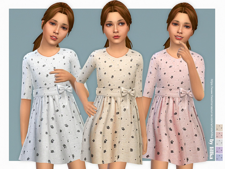 Un personaje de Los Sims 4 vistiendo una opción de vestidos de niñas de Los Sims 4 cc que tiene pequeñas flores en vestidos de colores sutiles con lazos en el medio.