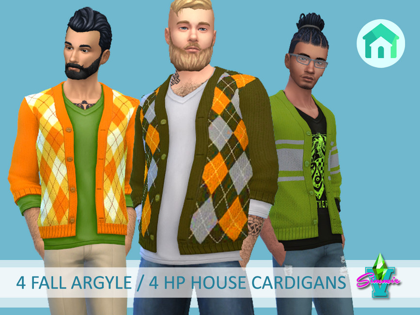 Tres sims usando un cárdigan sobre una camisa de cuello en V de manga larga