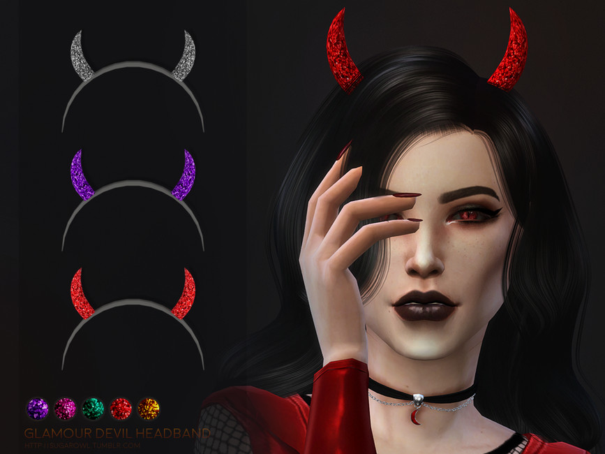 Un sim con cabello negro, ojos rojos, uñas rojas y cuernos de diablo