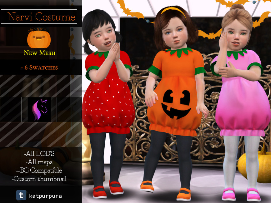 Tres niños pequeños vistiendo un vestido que los hace parecer calabazas en Los Sims 4. Genial cc de Los Sims 4.
