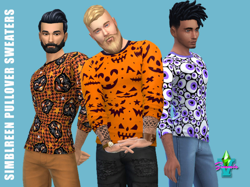 Tres Sims vistiendo suéteres temáticos de Halloween con patrones como gatos, ojos o caras de calabaza