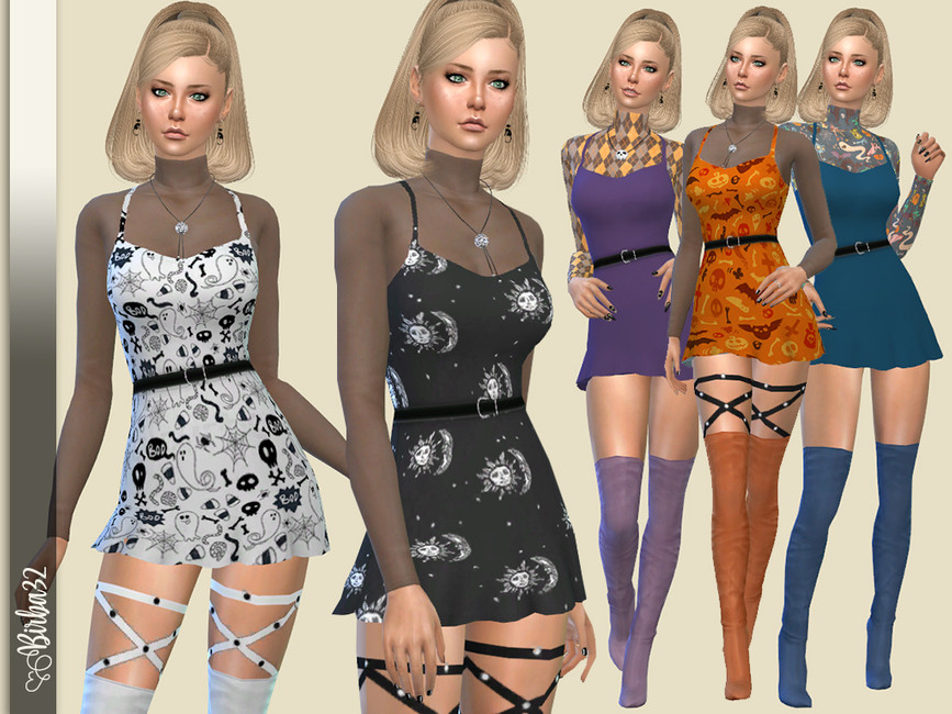 La misma sim cinco veces vistiendo un mini vestido de Halloween en los sims 4