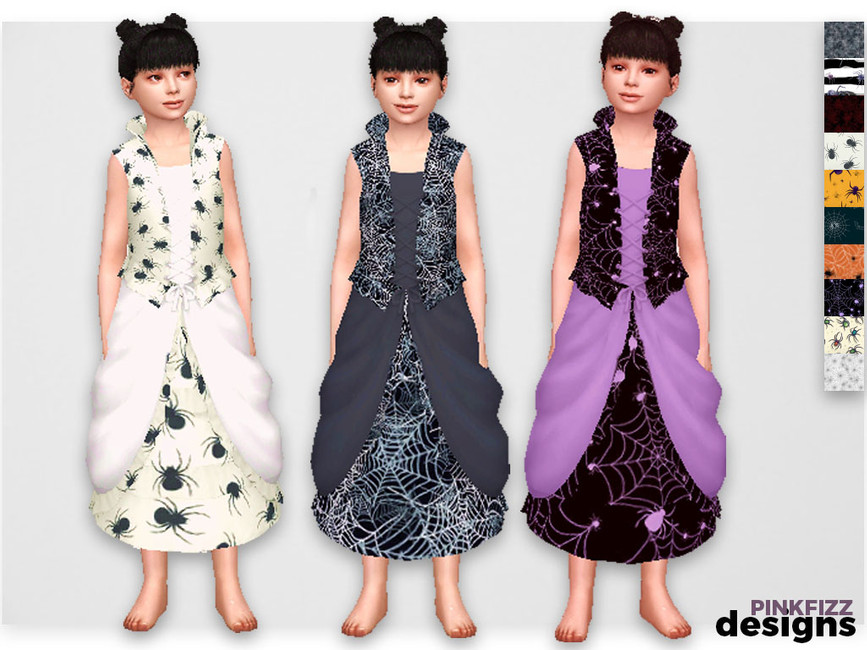La misma sim 3 veces usando el Vestido de Spider CC en Los Sims 4 con un chaleco corsé y una falda abullonada con telarañas y patrones de arañas