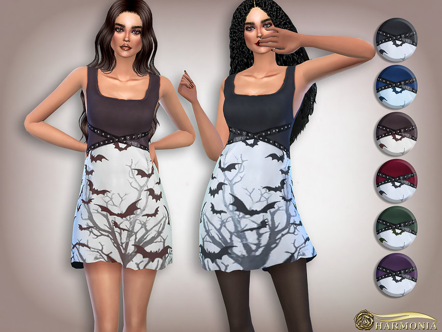 Dos sims vistiendo un vestido con una parte superior sencilla y una parte inferior con árboles y murciélagos