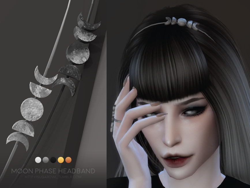 Un sim con cabello gris oscuro usando una diadema de fases lunares