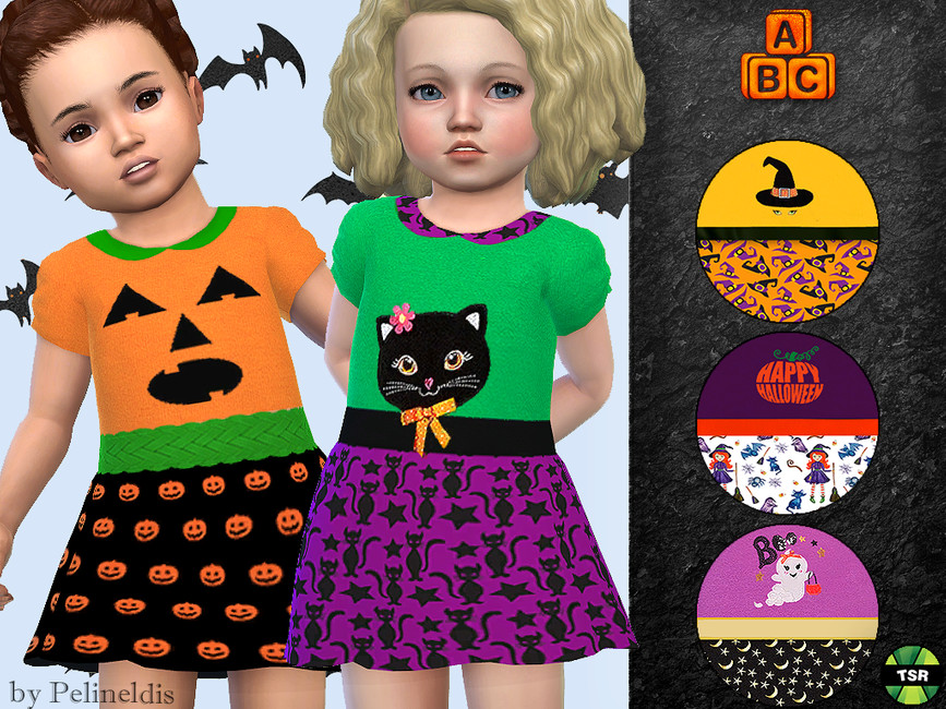 Dos niñas pequeñas vistiendo un vestido de Halloween de Sims 4 cc. Este vestido tiene opciones de diseño en el pecho, como una calabaza, una bruja o un fantasma.