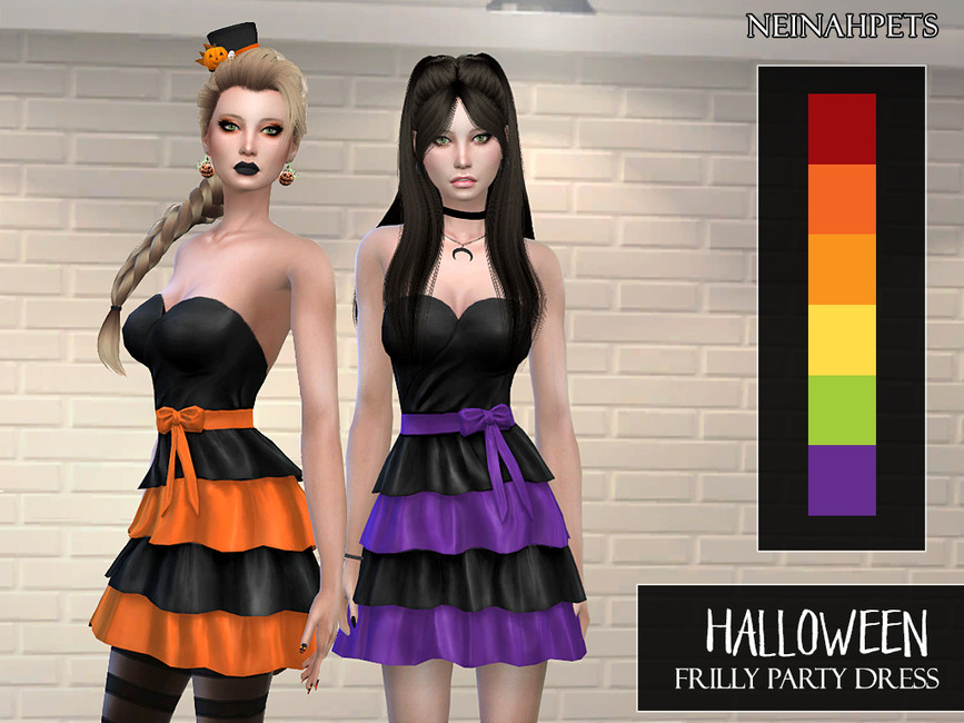 Dos sims vistiendo el vestido de fiesta con volantes de Halloween. Este vestido tiene un escote en forma de corazón negro con volantes en capas y un lazo en la cintura