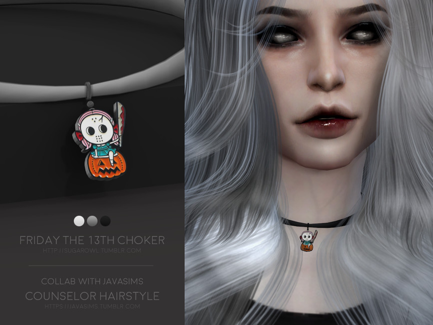 Una sim con cabello gris usando un choker tematizado después de Viernes 13