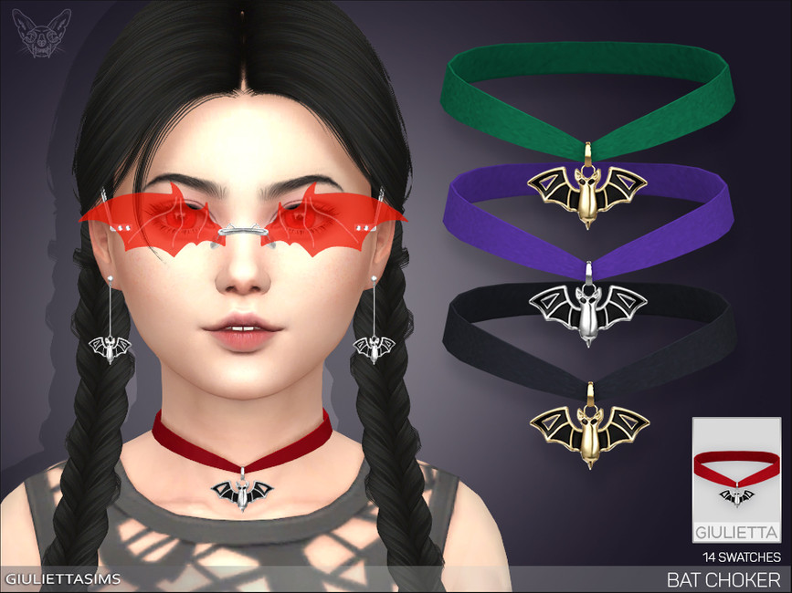 Un sim con cabello negro en trenzas de cerdo, lleva gafas de Halloween y un collar de terciopelo, accesorios de los sims 4 