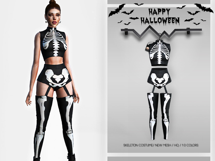 Un sim usando un disfraz de esqueleto de Halloween "sexy"