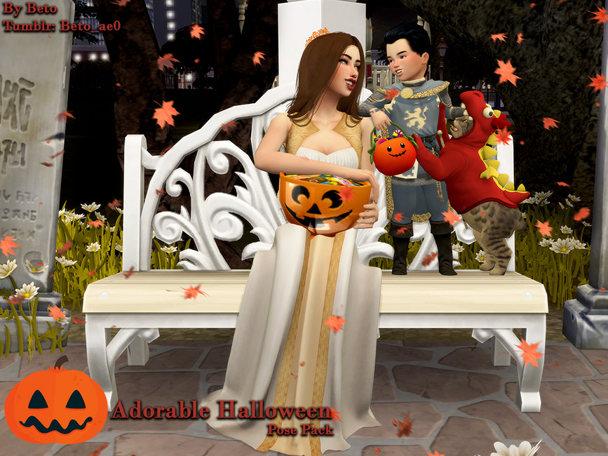 Una mujer, un niño pequeño y un gato posando con disfraces de Halloween en Los Sims 4