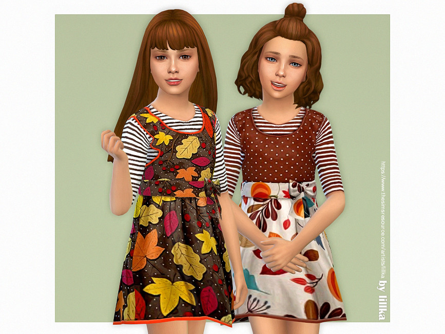 Dos sims con cabello castaño que llevan vestidos cc de sims 4 para niños con estampados otoñales y camisas a rayas debajo.