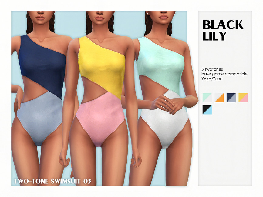 Tres sims iguales parados uno al lado del otro con las cabezas recortadas de la imagen. Llevan puestos trajes de baño de una pieza con el lateral recortado.