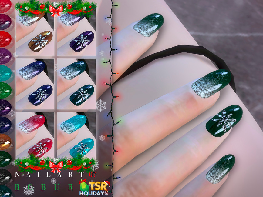 Una mano con cuatro dedos mostrando unas uñas de forma almendrada para Sims 4 con temática navideña. Estas uñas son de color verde oscuro con degradado de copos de nieve plateados desde la parte inferior y un copo de nieve grande en el dedo anular