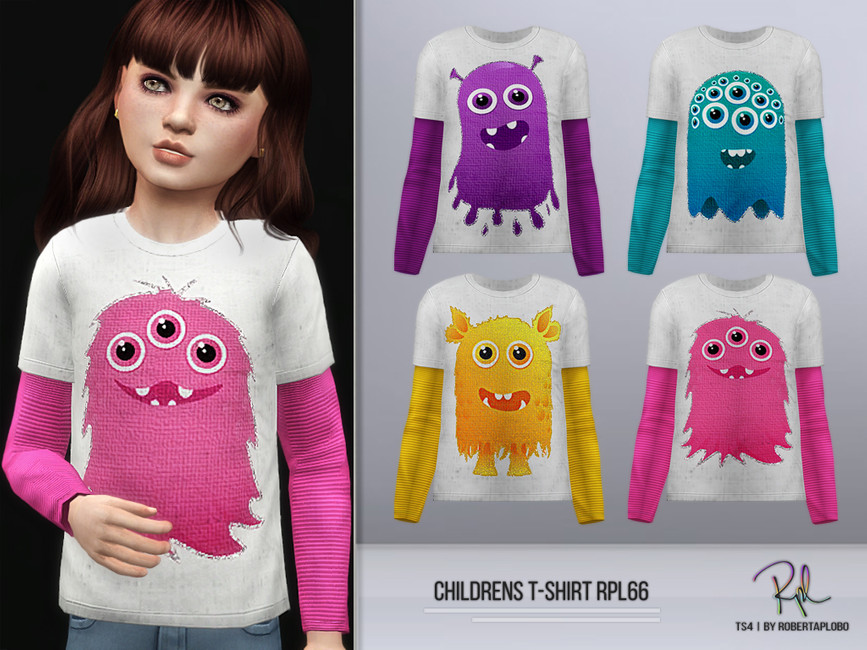 Un sim vistiendo una camiseta de manga larga de color debajo de una camiseta blanca que tiene un monstruo en ella