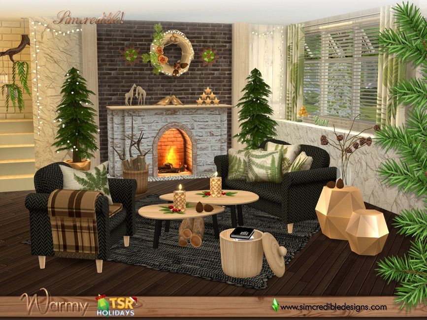 Un conjunto de muebles que tiene un sofá y una silla oscuros, una mesa de café de madera clara y una chimenea de ladrillo y pequeños árboles de Navidad.