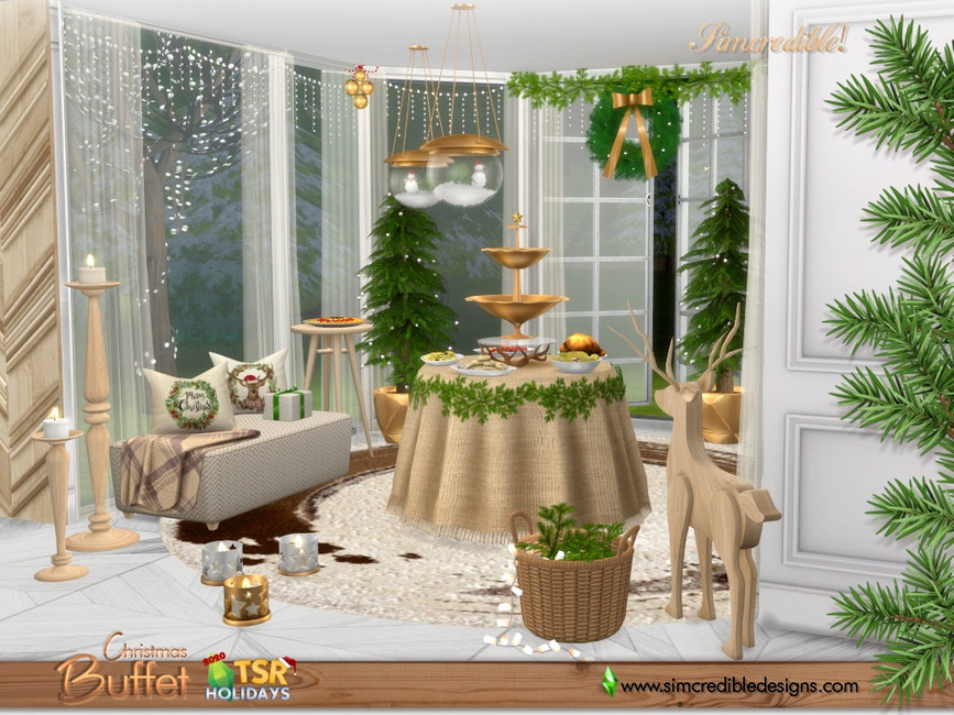 Una mesa de buffet con comida festiva, alrededor de ella hay lugares para sentarse, una cesta de decoraciones, algunas velas y un reno de madera.