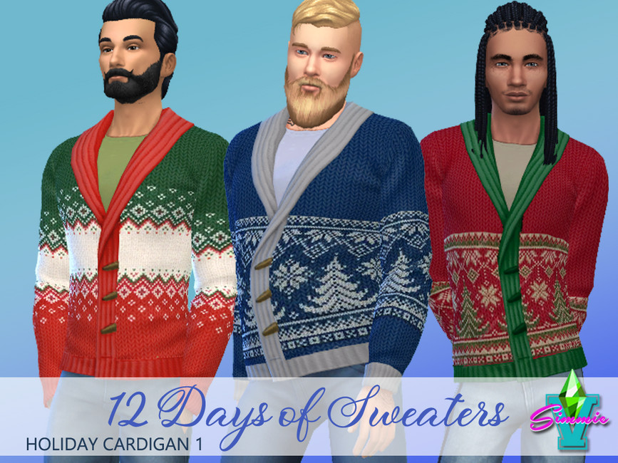 Tres hombres Sims diferentes usando un cárdigan de temática navideña en Los Sims 4