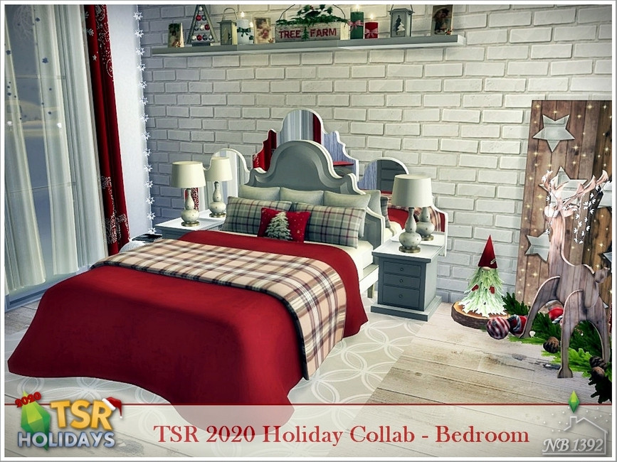 Un conjunto de dormitorio de Los Sims 4 con contenido personalizado de Navidad con un pequeño árbol de Navidad, un reno, una pieza de madera con estrellas y una cama con sábanas rojas.