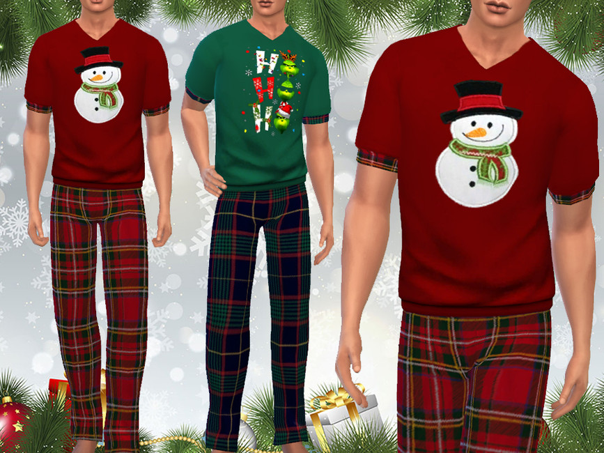Un sim masculino lleva puesto un par de pantalones a cuadros y una camisa con cuadros en las mangas y un muñeco de nieve en la parte delantera