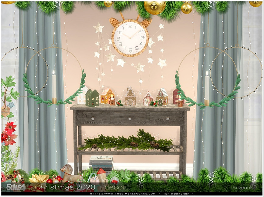 Un conjunto de decoraciones navideñas para Los Sims 4. Incluye un pequeño pueblo festivo, un reloj de reno y guirnaldas circulares colgantes.