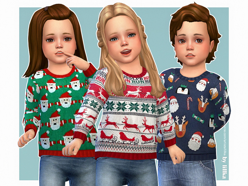 Tres personajes de Los Sims 4 que son niños pequeños. Estos niños pequeños llevan jeans y suéteres navideños.