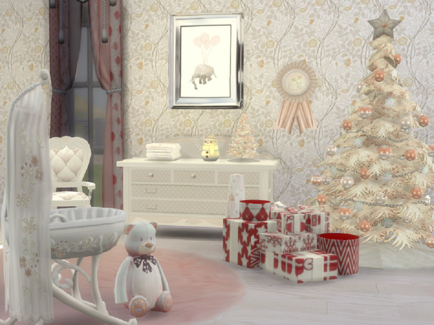 Un hermoso conjunto navideño para la habitación del bebé, con un árbol de Navidad blanco y melocotón, un tocador y una silla.