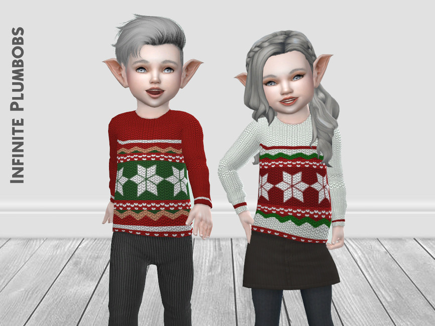 Dos niños pequeños sims en Los Sims 4 que tienen orejas de elfo y cabello gris. Estos niños pequeños están usando suéteres navideños para sims 4 con un patrón de punto.