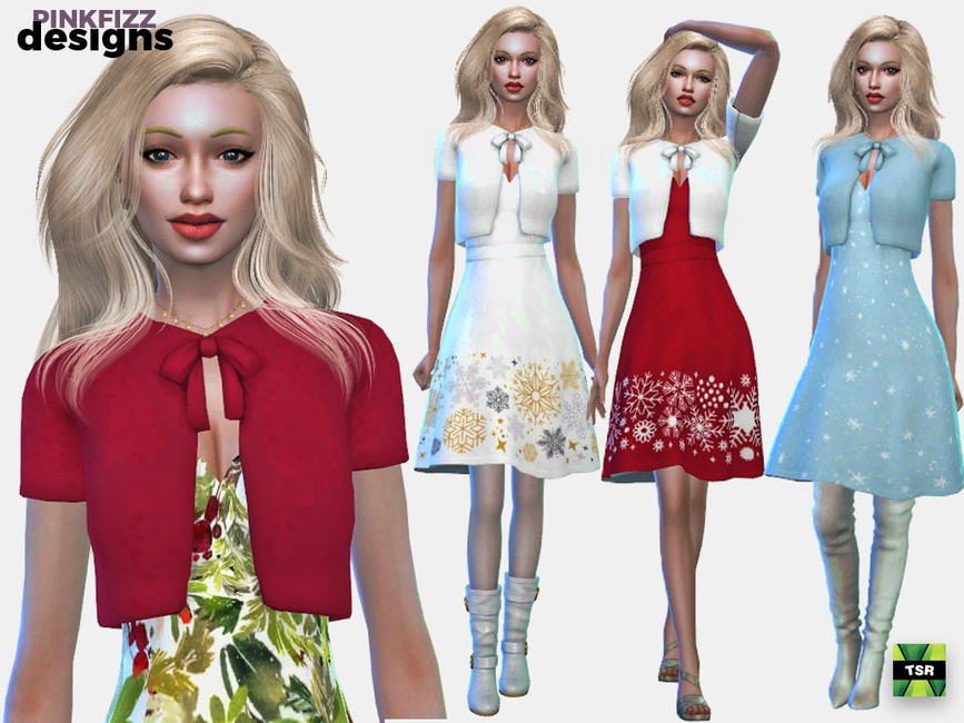 Un Sim en Los Sims 4 vistiendo un vestido ajustado y acampanado con patrones de copos de nieve. Llevan un chalito encima.