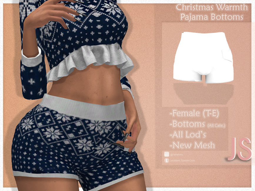 Un Sim luciendo su conjunto de pijama con estampado navideño, una camisa con volantes y un par de pantalones cortos