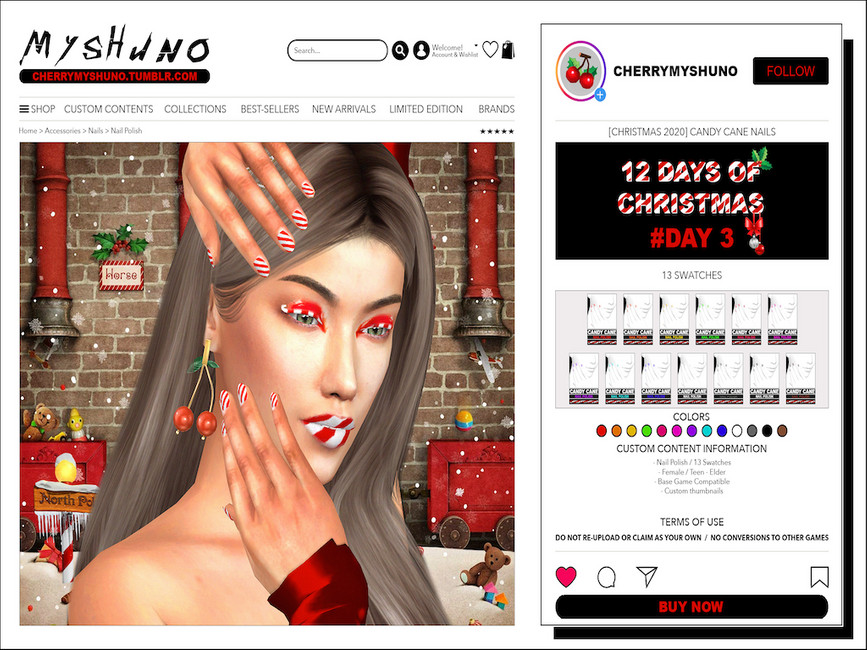 Una imagen que parece ser un periódico sobre Los Sims 4. La imagen muestra a un Sim con maquillaje de bastón de caramelo y uñas a juego.