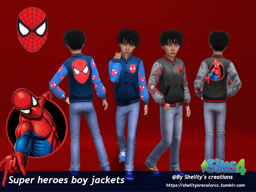 Un Sim que lleva puesto una chaqueta bomber de Spiderman.